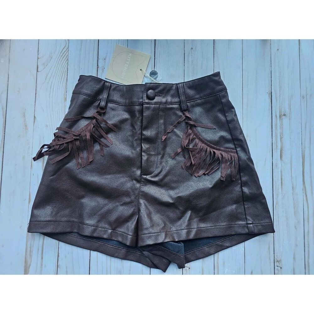 Western Core Kittenish Faux Leather Fringe Shorts Brown XS NWT